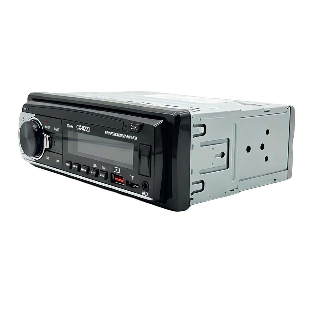 Un autorradio con frontal negro, carcasa plateada y un mando giratorio.