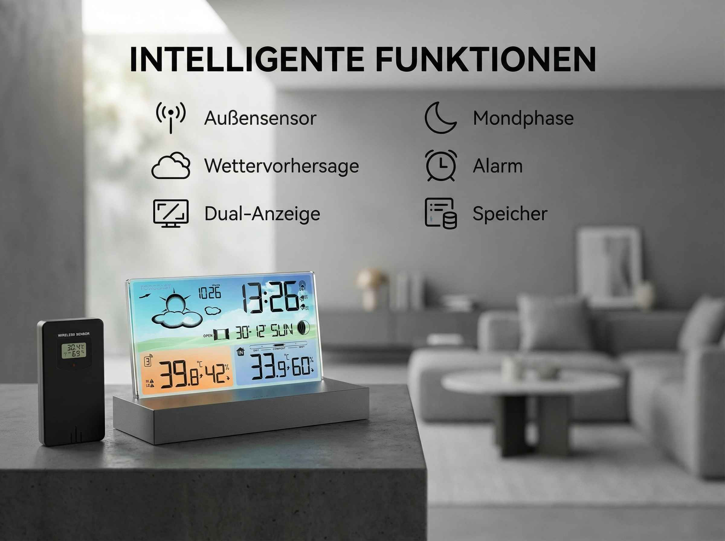 Eine digitale Wetterstation und ein Funksensor zeigen Innen-/Außentemperatur, Luftfeuchtigkeit und Uhrzeit an.