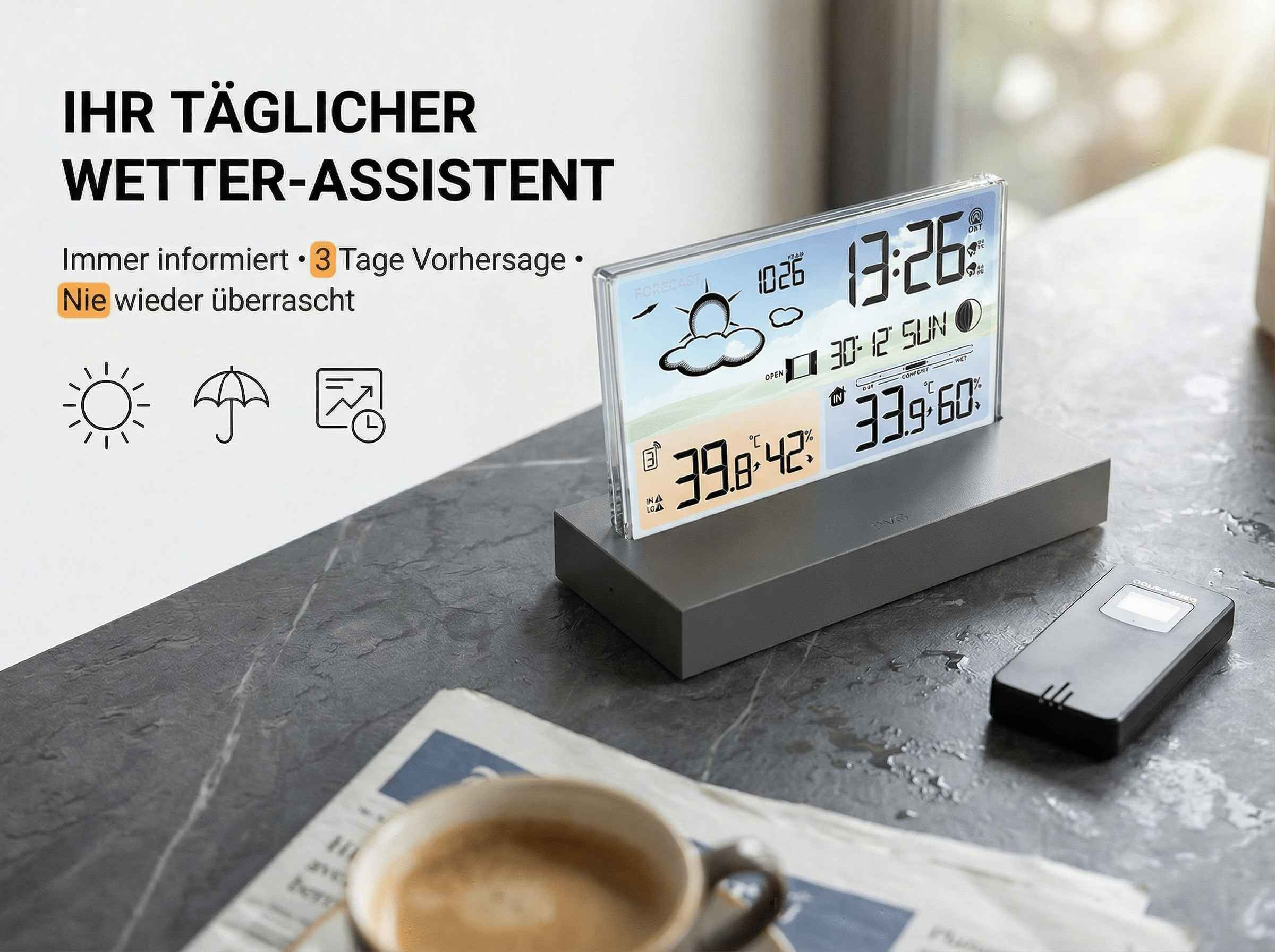 Wetterstation zeigt Zeit, Temperatur und Vorhersage an.