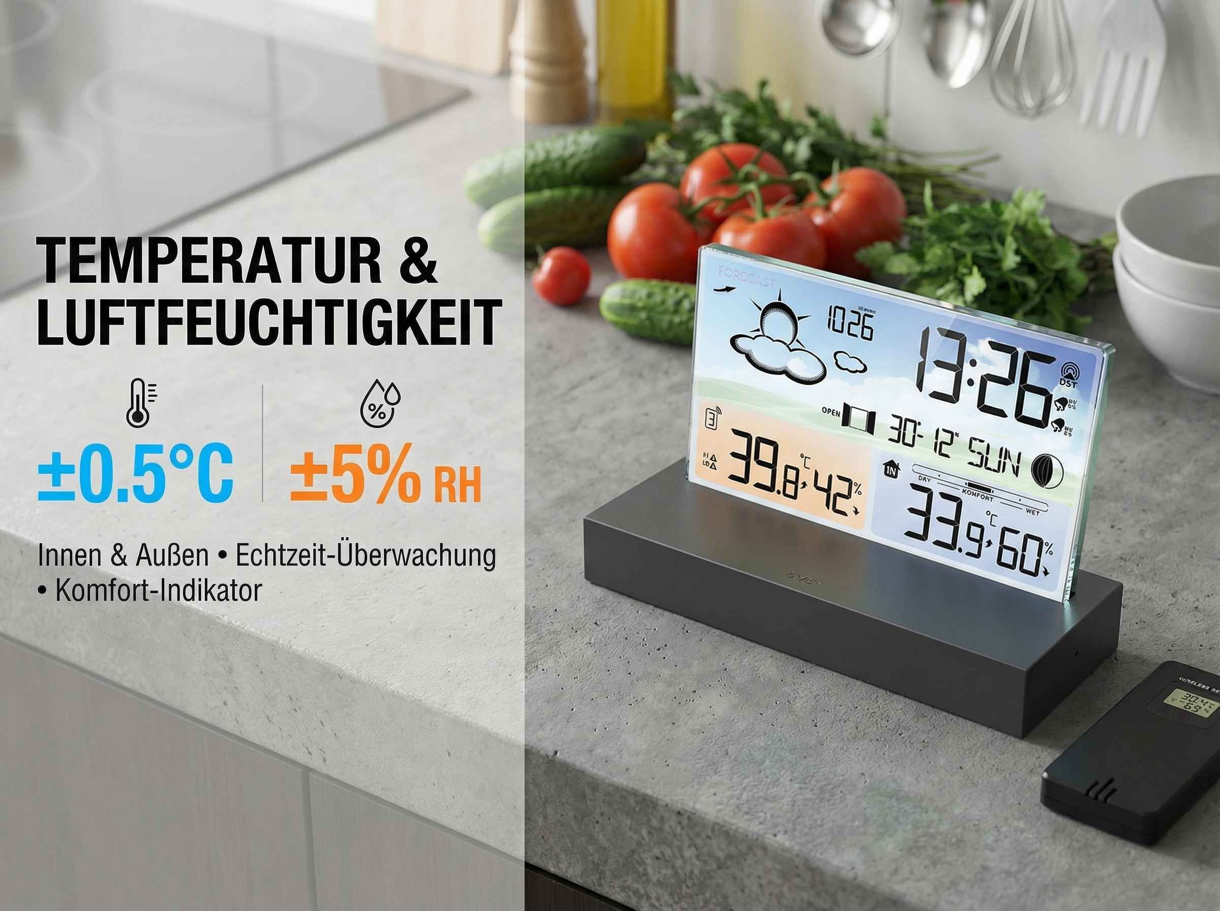Digitale Wetterstation mit Temperatur- und Feuchtigkeitsanzeige auf einem Küchentisch mit Obst und Gemüse.