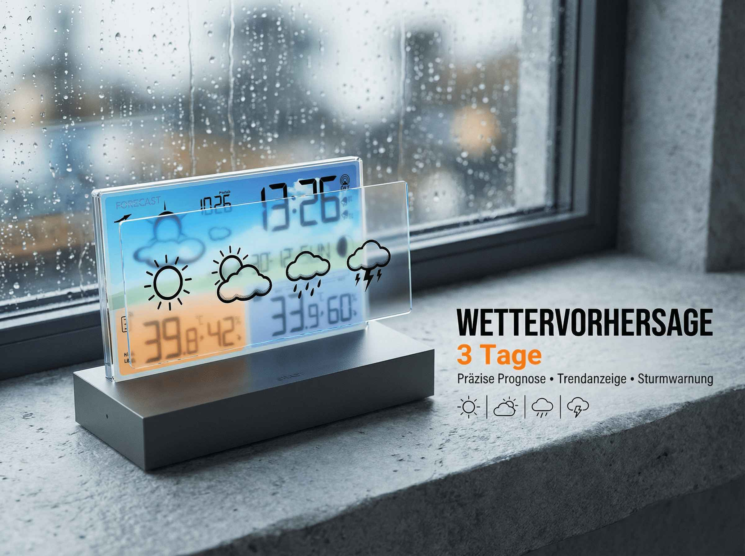 Digitale Wetterstation zeigt Vorhersage, Zeit und Temperatur neben einem Fenster mit Regentropfen.