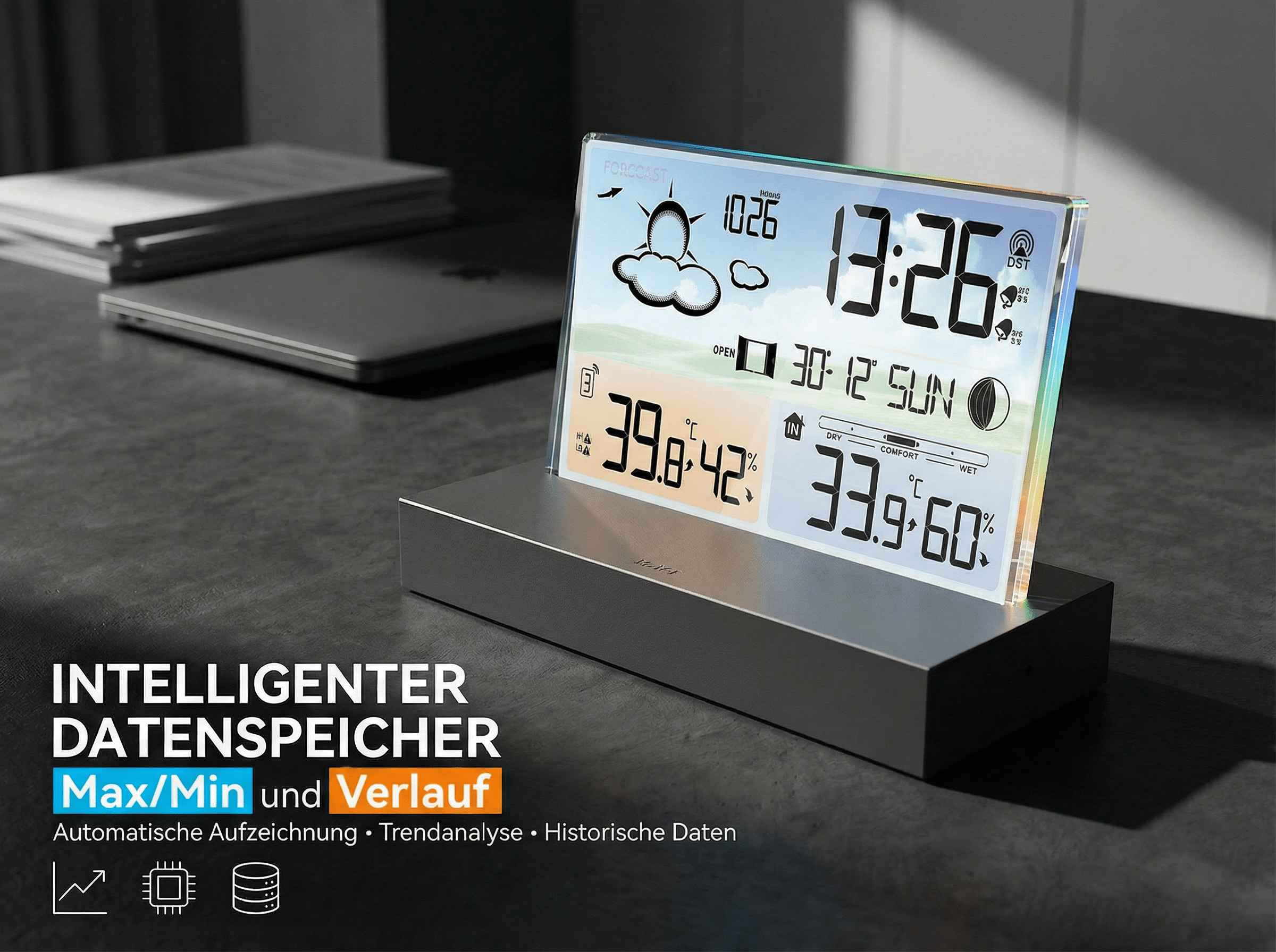 Digitaluhr zeigt Zeit, Datum, Temperatur und Wettervorhersage.