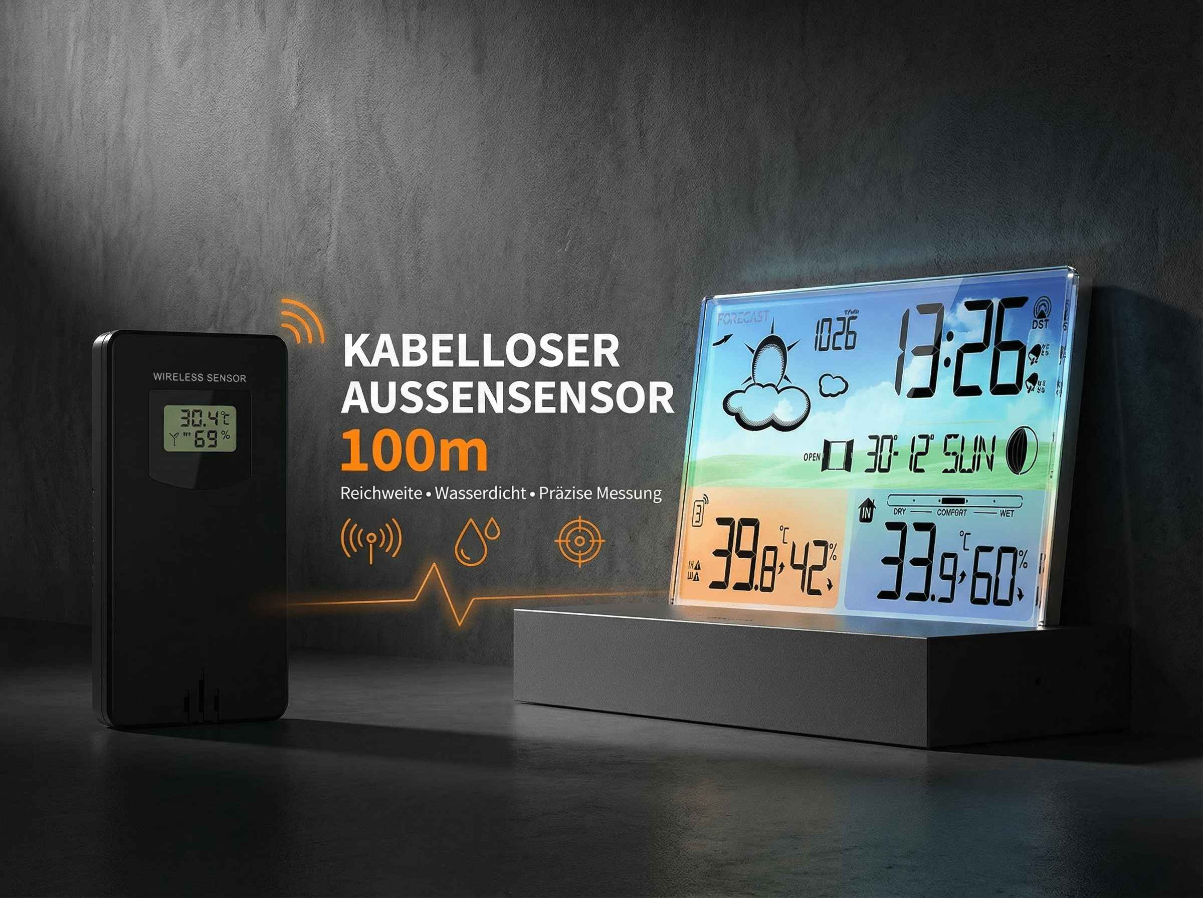 Kabelloser Außensensor und Wetterstation zeigen Temperatur und Luftfeuchtigkeit.