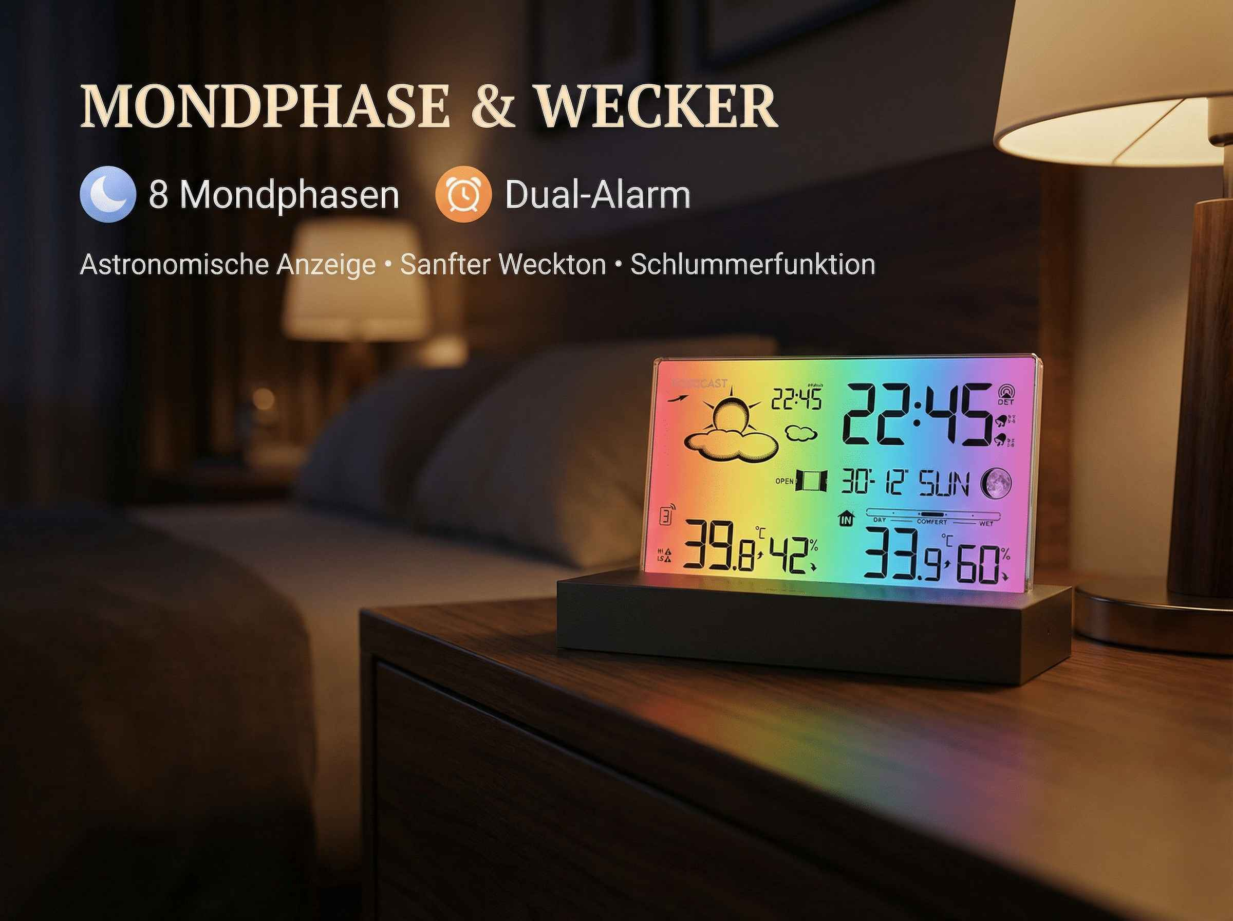 Digitaluhr mit Wetteranzeige, Mondphasen und Weckfunktion.
