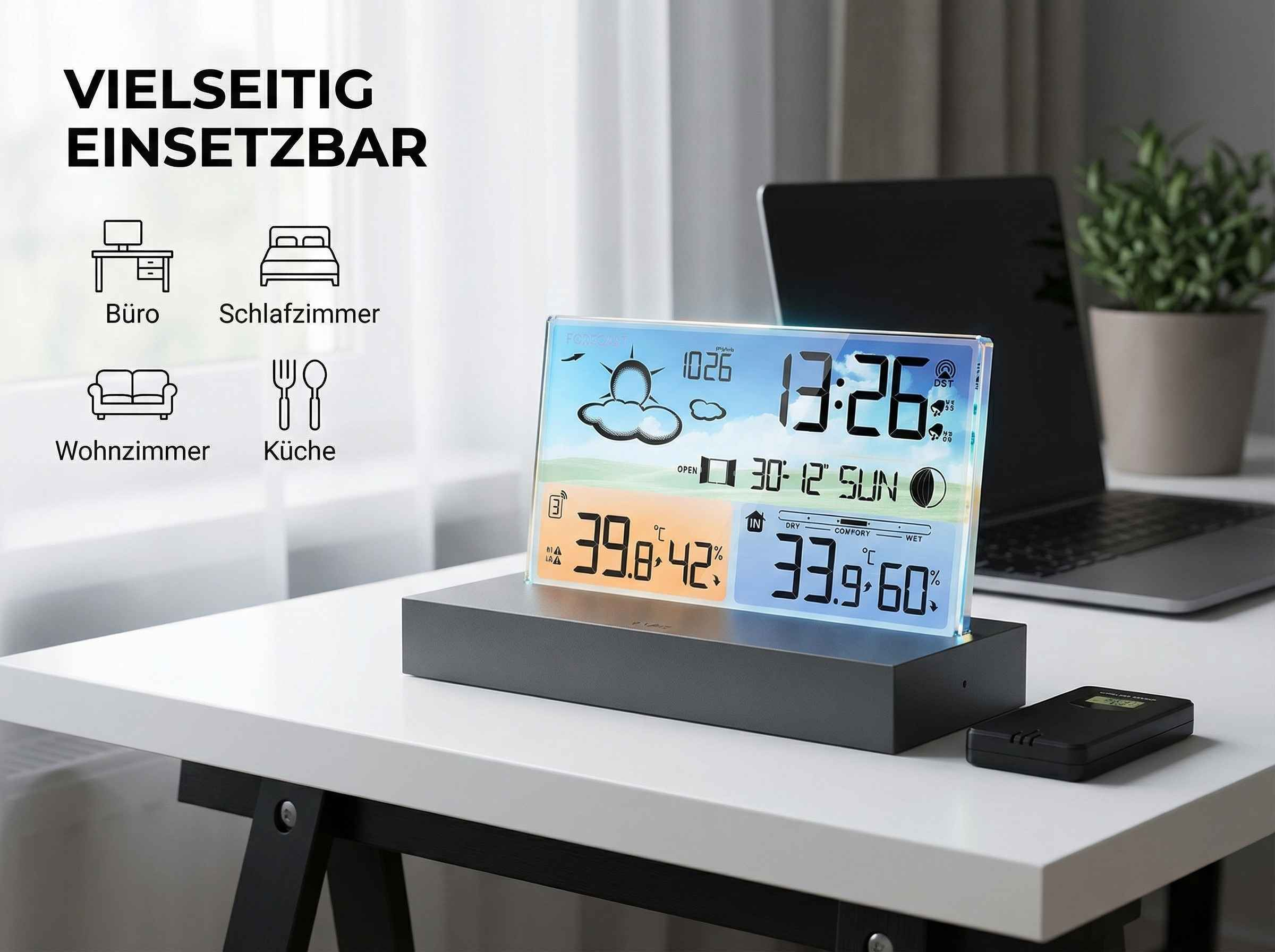 Ein Wetterstation-Display zeigt Temperatur, Luftfeuchtigkeit, Uhrzeit und Wettervorhersage.