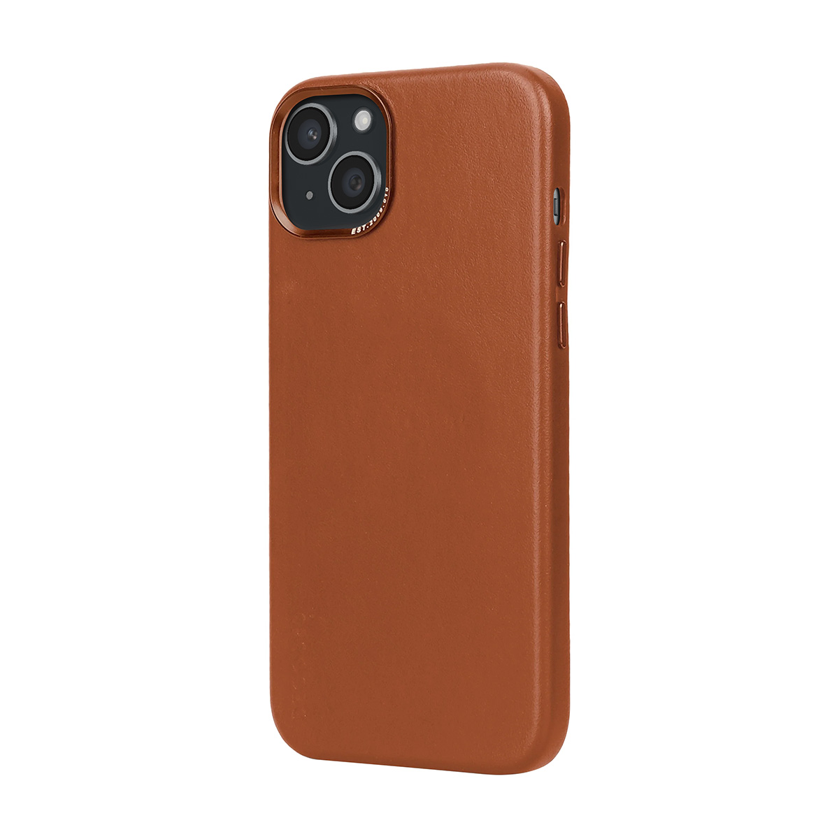Una custodia marrone per iPhone con un rigonfiamento della fotocamera e pulsanti laterali.