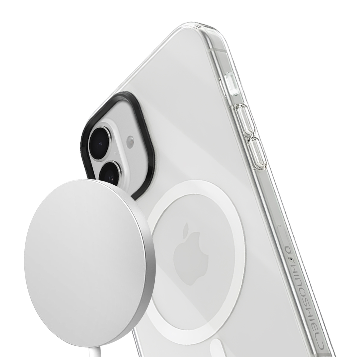 Un chargeur MagSafe argenté est attaché au dos d'une coque d'iPhone transparente.