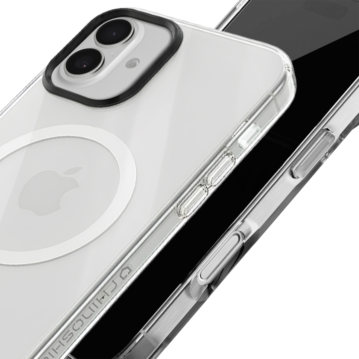 Une coque de téléphone transparente avec logo Apple et découpe caméra.