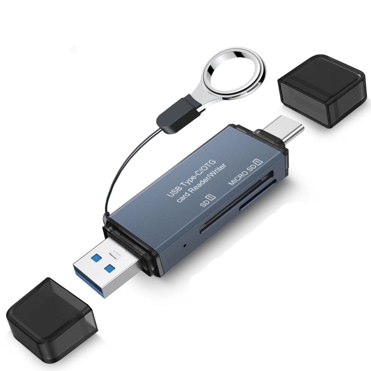 Blauer USB-C OTG-Kartenleser mit SD/Micro-SD-Steckplätzen, USB-A-Anschluss und Schlüsselanhänger.