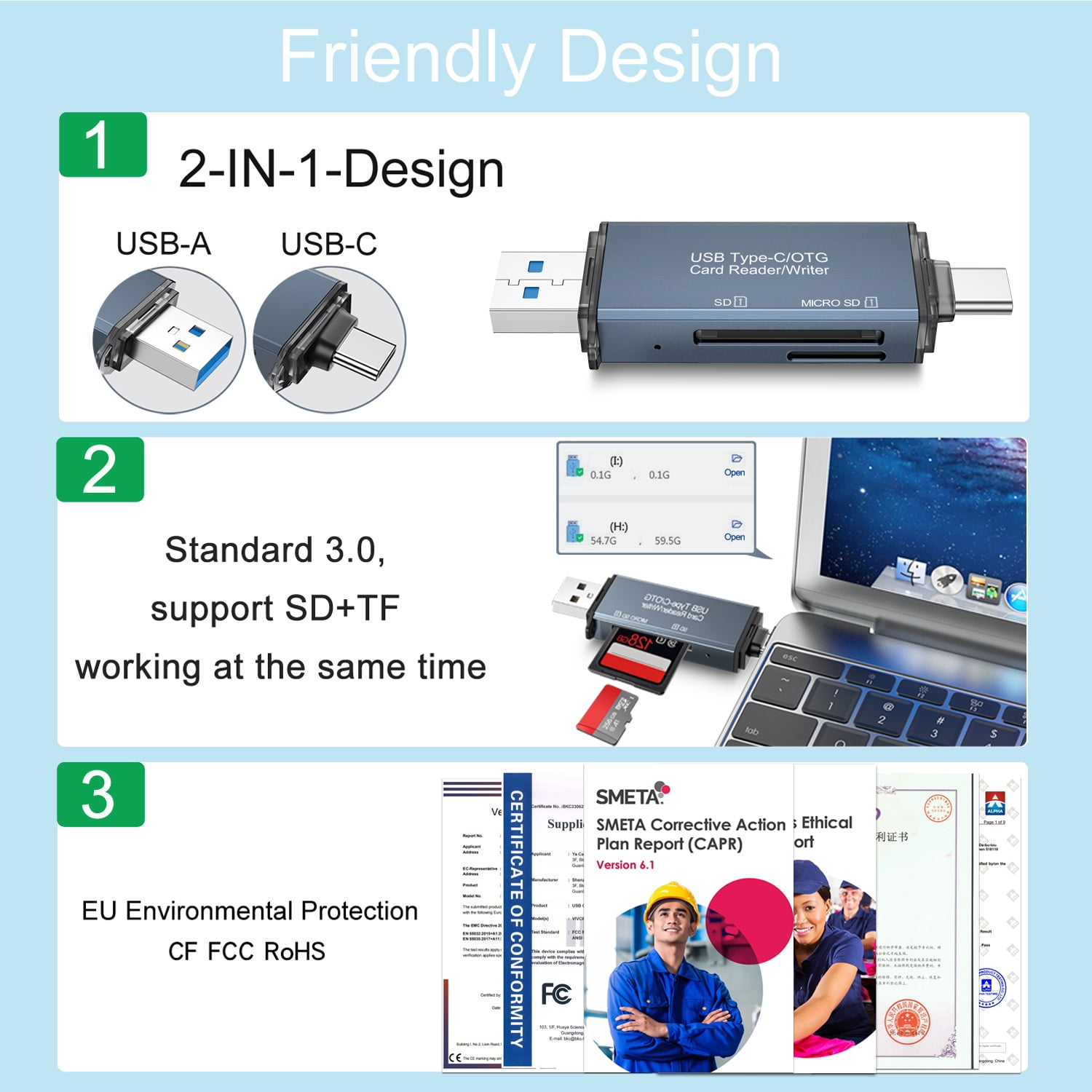 Ein USB-C-Kartenlesegerät mit USB-A und USB-C-Anschlüssen, SD und MicroSD-Steckplätzen.