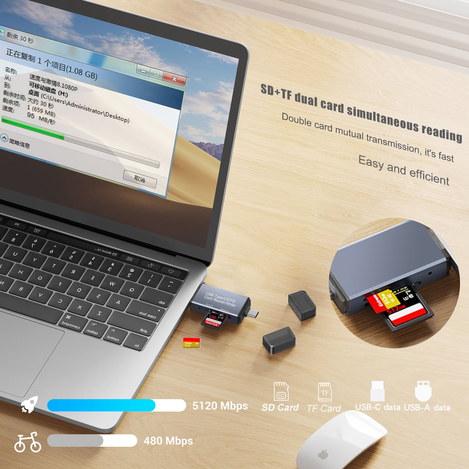 Ein Laptop mit einem USB-C-Kartenleser, der SD- und TF-Karten liest.