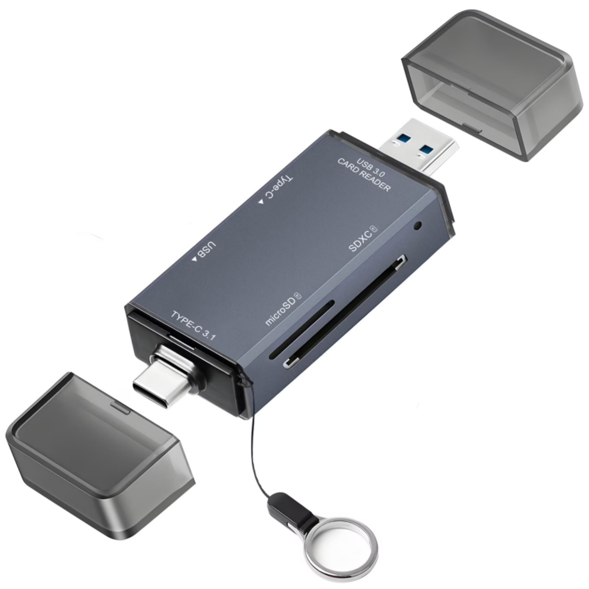 Ein grauer USB-C-Kartenleser mit SDXC-, microSD- und USB 3.0-Anschlüssen.