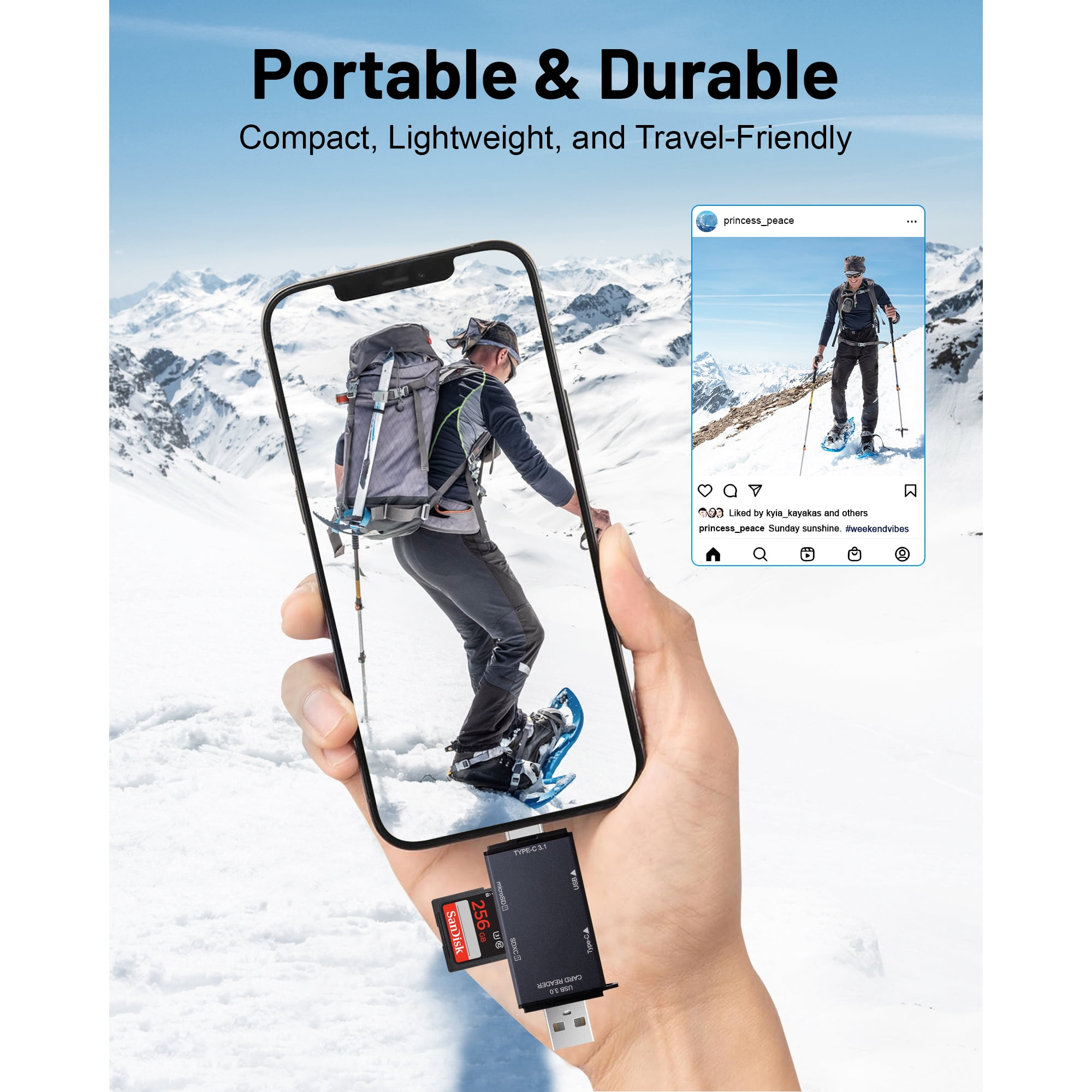 Hand hält ein Smartphone mit einer SD-Karte und Kartenleser vor verschneiter Bergkulisse.