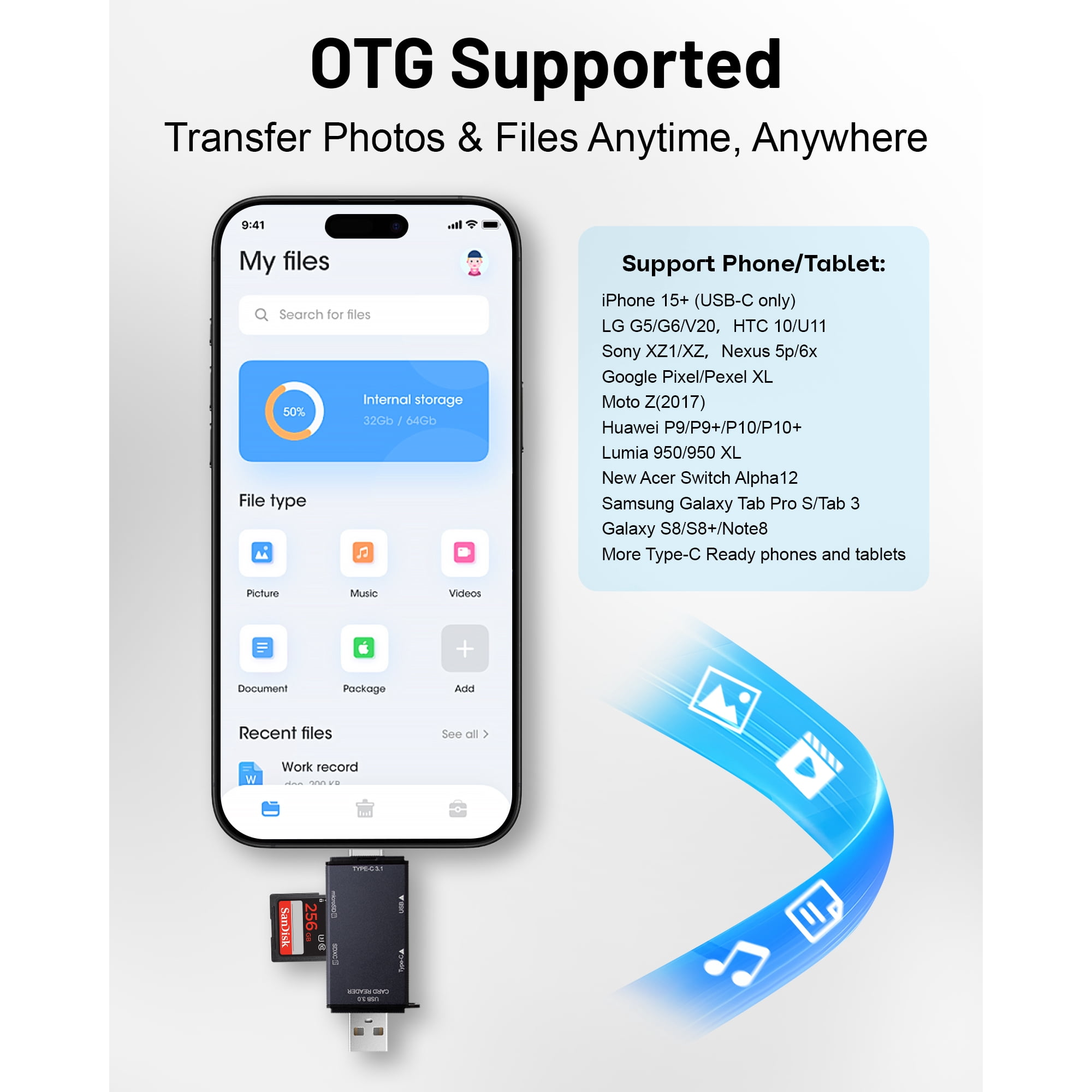 Handy-Bildschirm zeigt 'Meine Dateien' mit OTG-Adapter, der an SD-Karte angeschlossen ist.