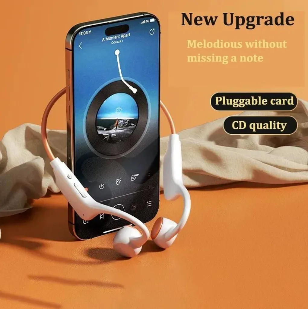 Ein Smartphone mit Kopfhörern und Textwerbung für Musik.