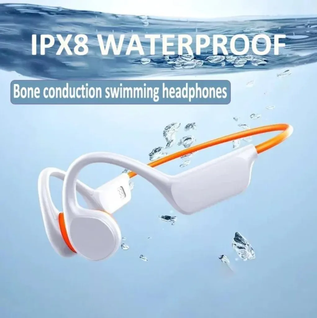 Weiße und orangefarbene Knochenleitungskopfhörer unter Wasser mit IPX8-Wasserdichtigkeit.