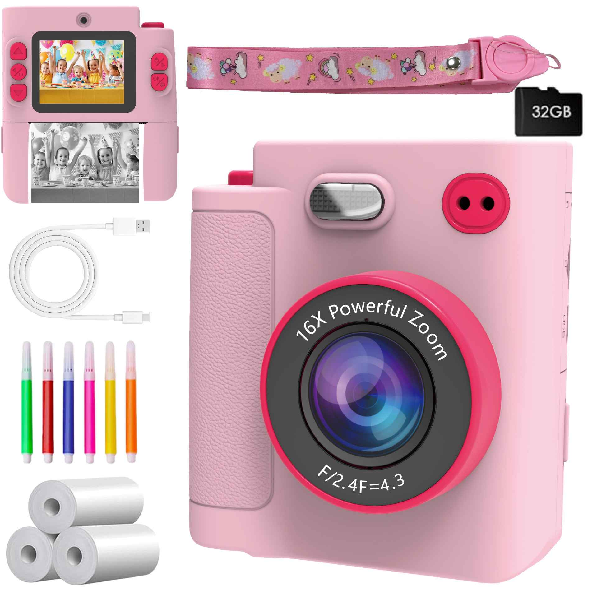 Eine rosa Digitalkamera mit Zubehör: Ladekabel, 6 Stifte, 3 Papierrollen, 32-GB-Karte.