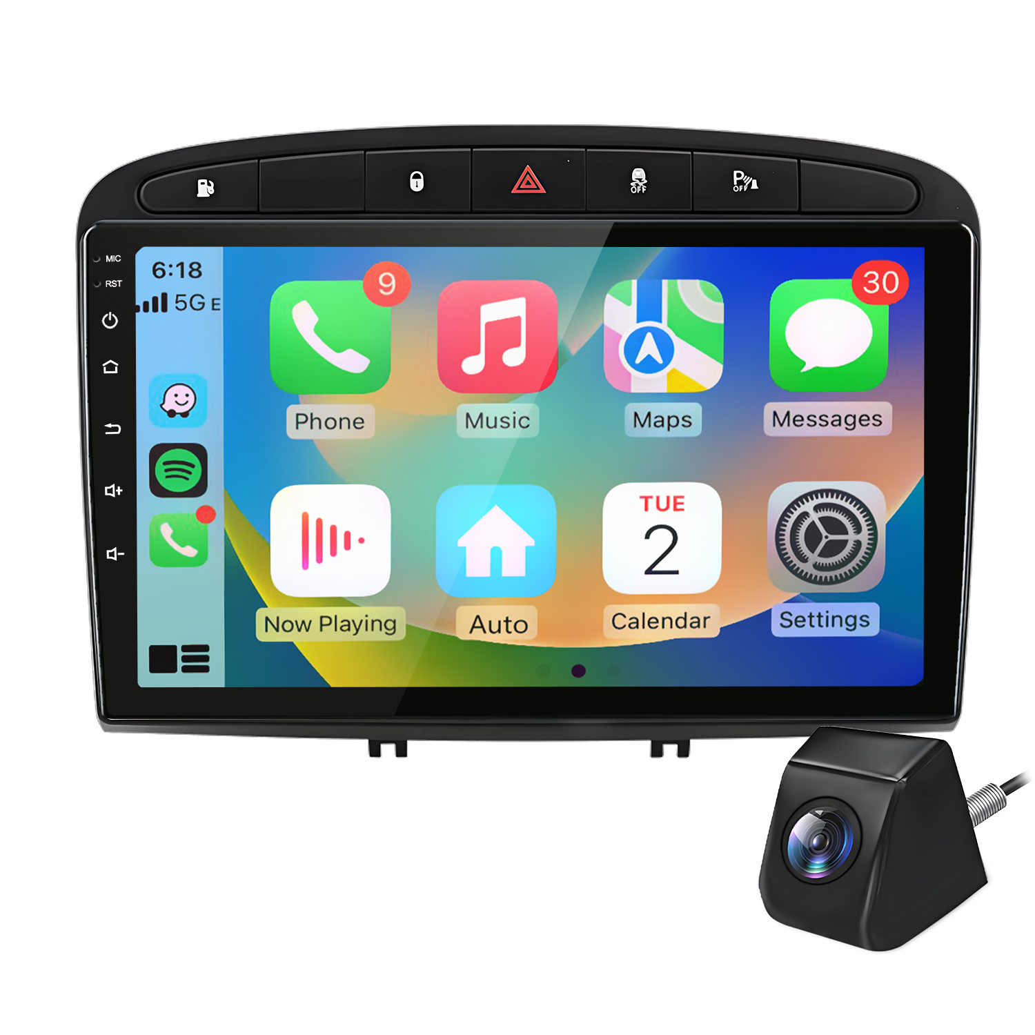 Ein Autoradio-Bildschirm mit App-Symbolen und eine Rückfahrkamera.