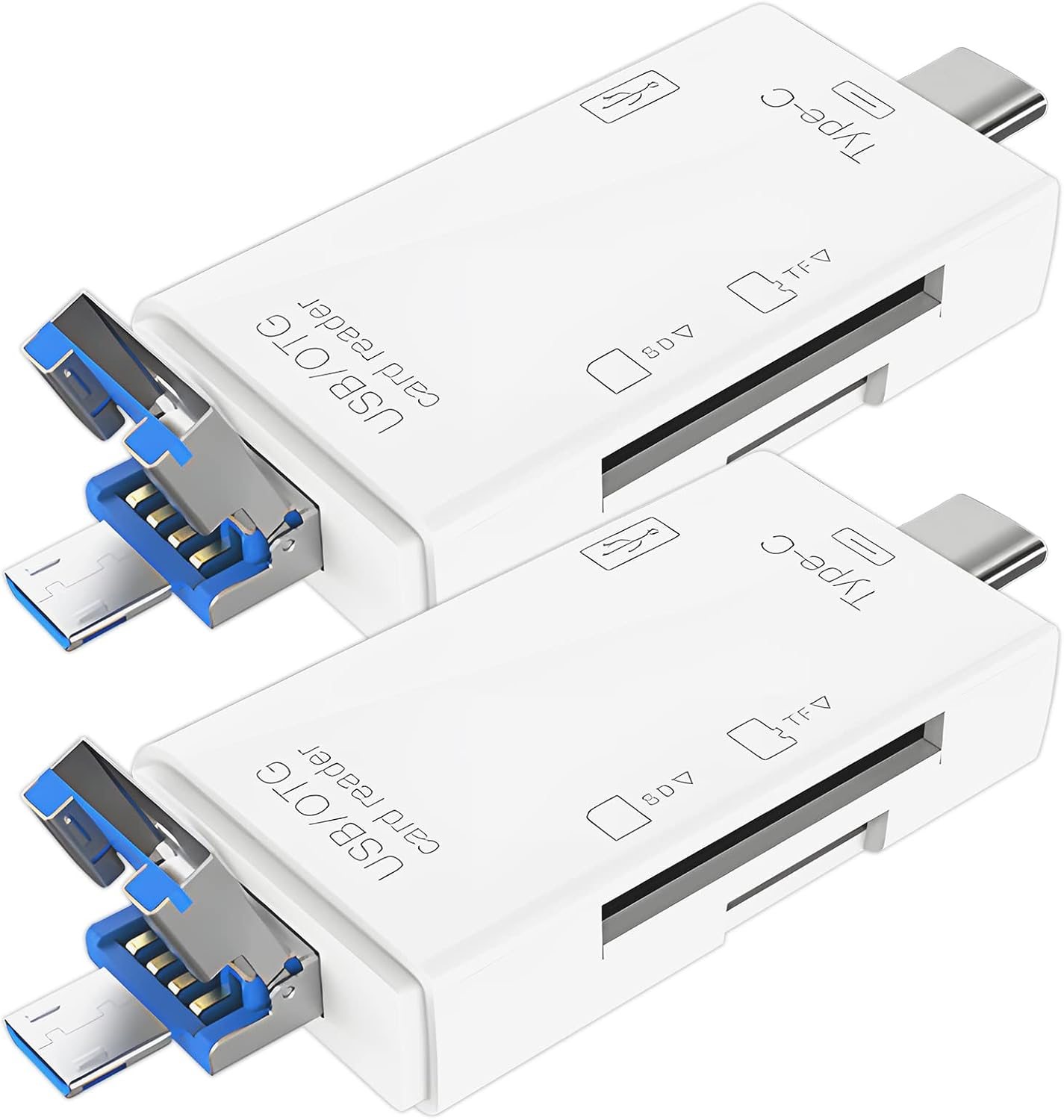 Zwei weiße USB/OTG-Kartenleser mit USB-A- und Typ-C-Anschlüssen.