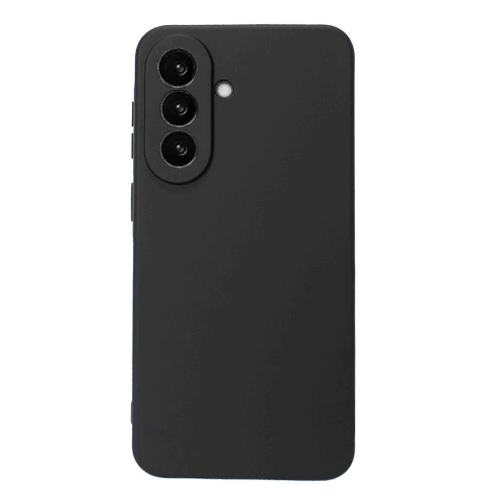Schwarzes Handy mit drei Kameralinsen und Blitzlicht oben links.