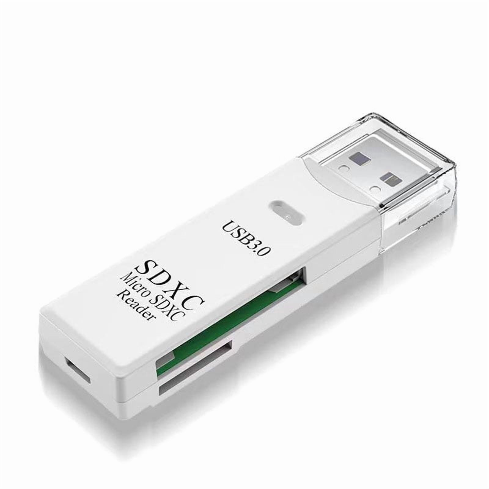 Ein weißer SD-Kartenleser mit USB 3.0-Anschluss und SDXC-Beschriftung.