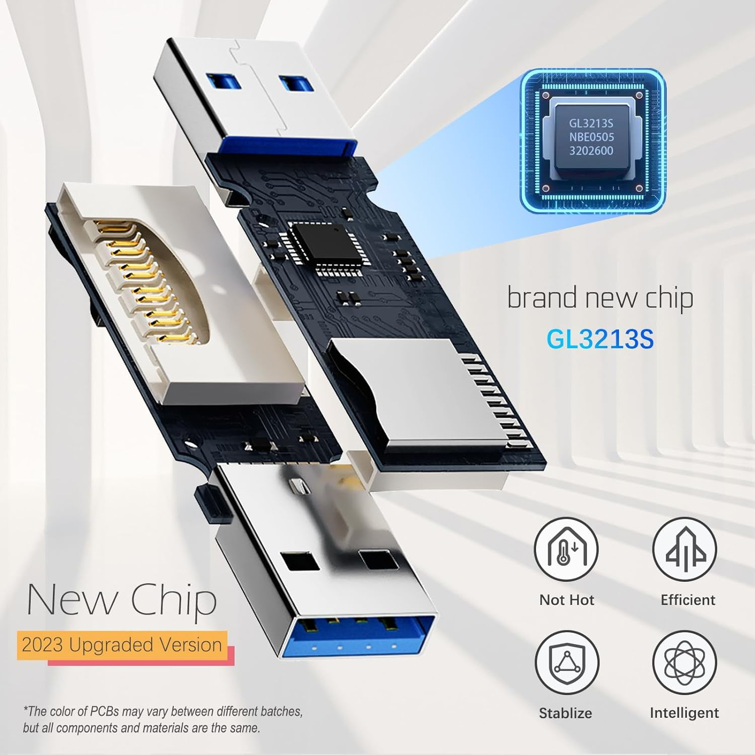 Explosionsansicht eines USB-Sticks mit internem Chip GL3213S und Komponenten.