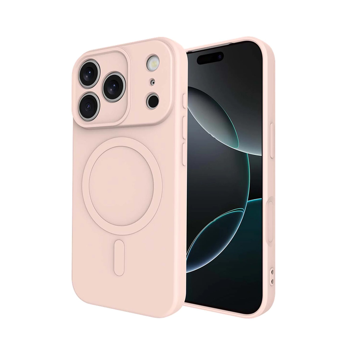 Eine rosa Handyhülle mit einem kreisförmigen Magnetring wird neben einem Smartphone gezeigt.