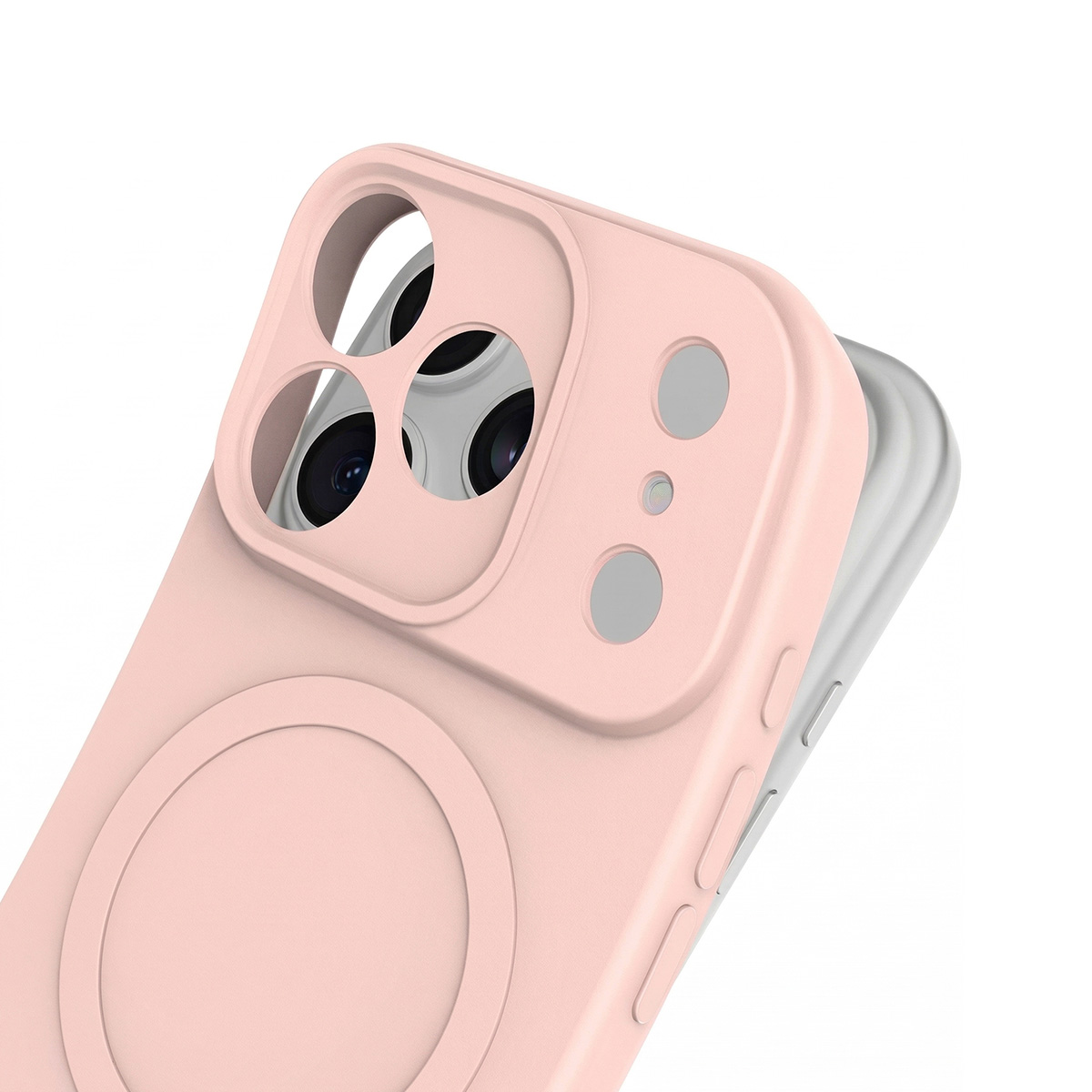 Eine rosafarbene Handyhülle mit Kameralöchern und einem kreisförmigen MagSafe-Bereich.