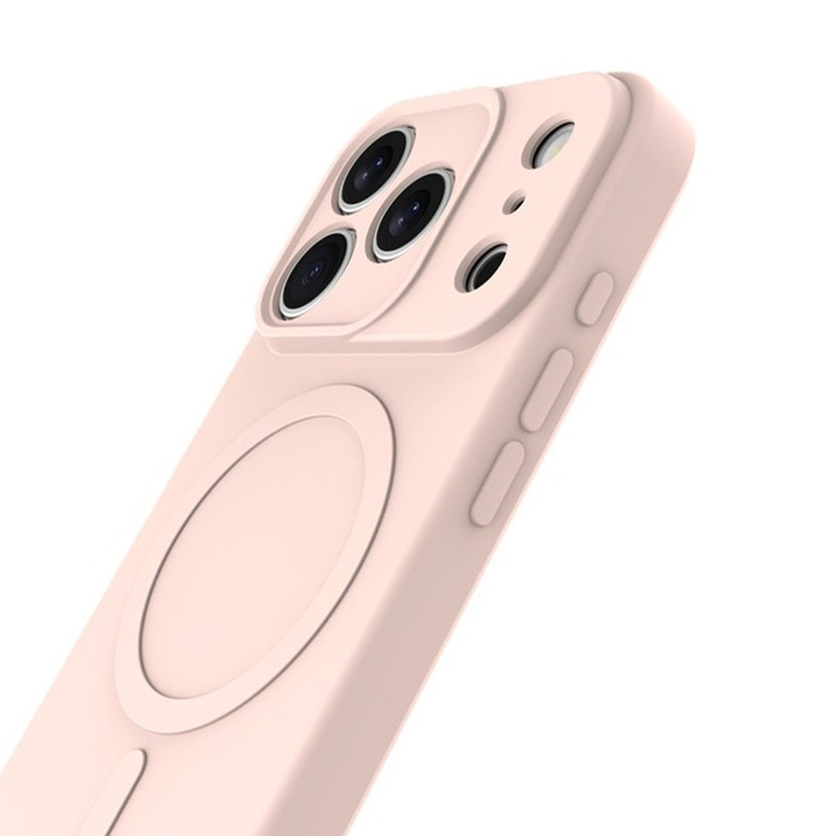Ein hellrosa iPhone-Hülle mit Magnetring und drei Kameralinsen.