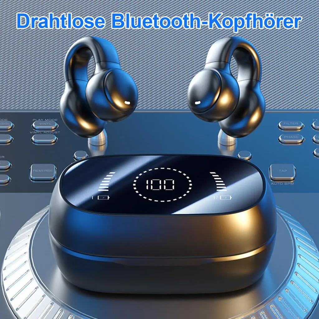 Drahtlose Bluetooth-Kopfhörer in einem Ladecase mit digitaler Anzeige.