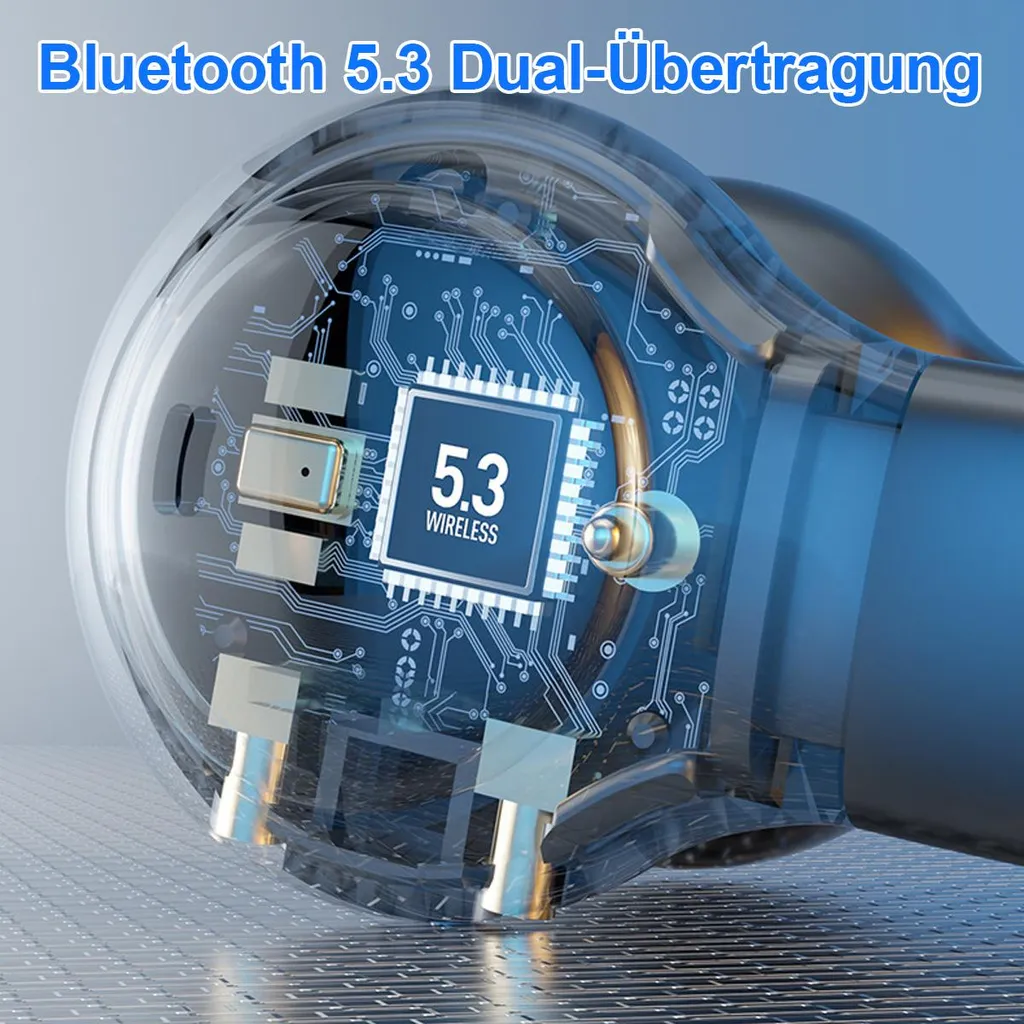 Ein transparentes Ohrhörerinnere mit Chip mit der Aufschrift 5.3 WIRELESS.