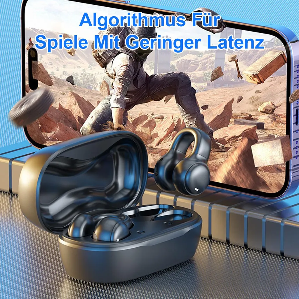 Schwarze kabellose Ohrhörer mit Ladecase vor einem Handy, das ein Spiel zeigt.