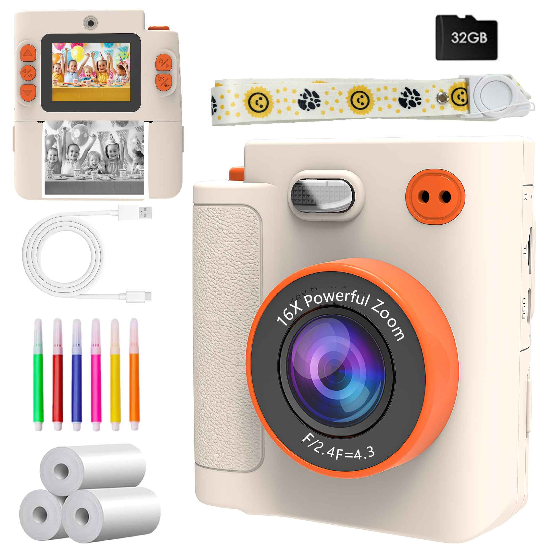 Eine weiße Digitalkamera mit orangefarbenen Akzenten, Zubehör wie USB-Kabel, Stifte, Papierrollen, SD-Karte, Tragegurt.