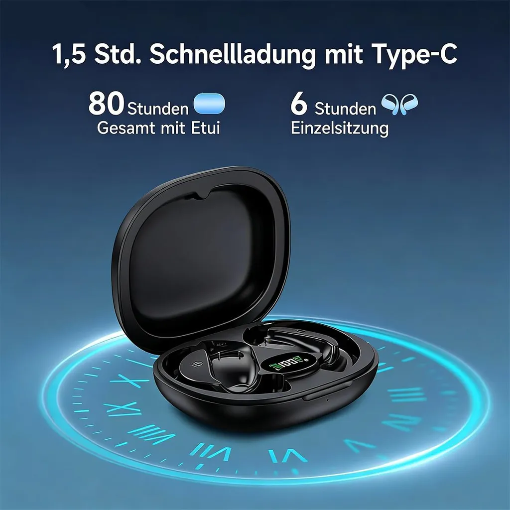 Schwarze kabellose Ohrhörer in offener Ladebox, mit Text über 1,5 Std. Schnellladung.