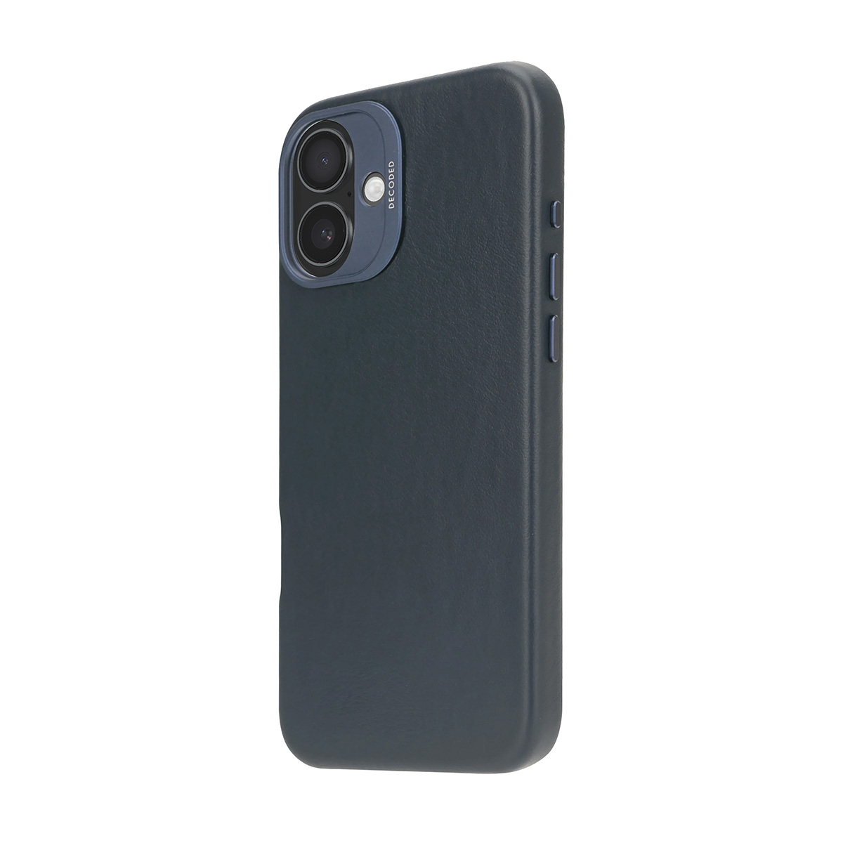 Coque de téléphone gris foncé avec découpe double caméra et accents bleus.