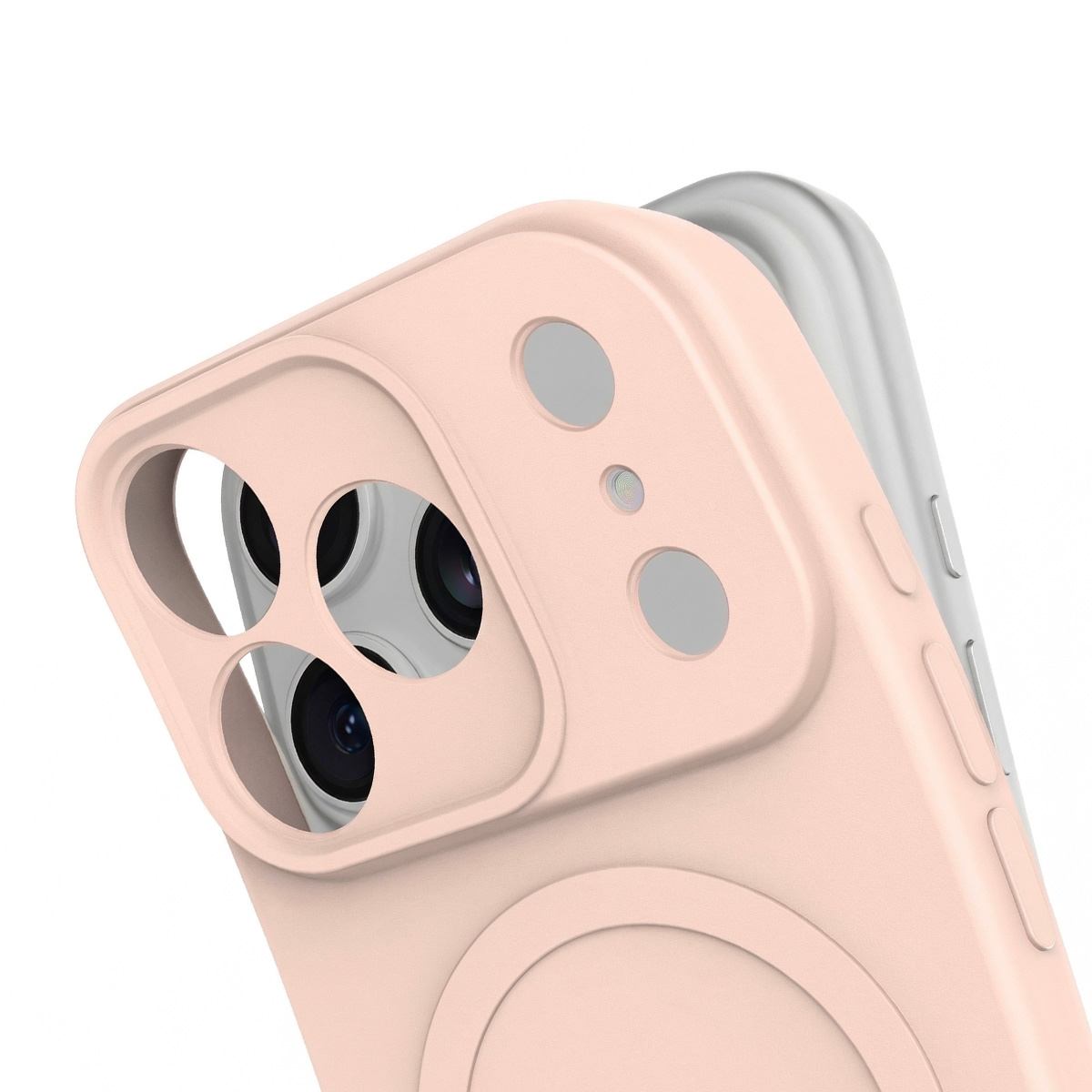 Nahaufnahme einer hellrosa Handyhülle mit Kameraaussparungen und einem silbernen Handy.