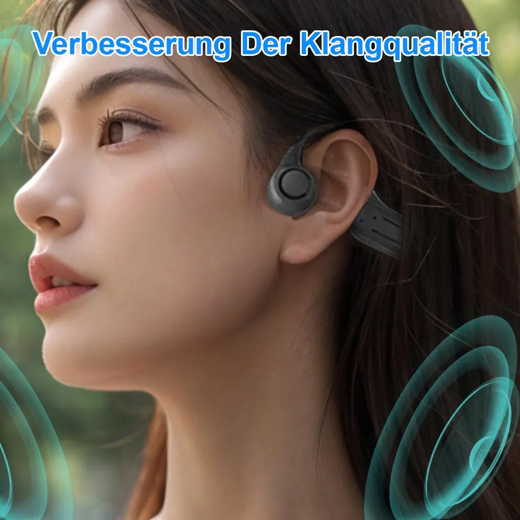 Frau mit kabellosen Kopfhörern und Wellensymbolen, die Klangqualität darstellen.
