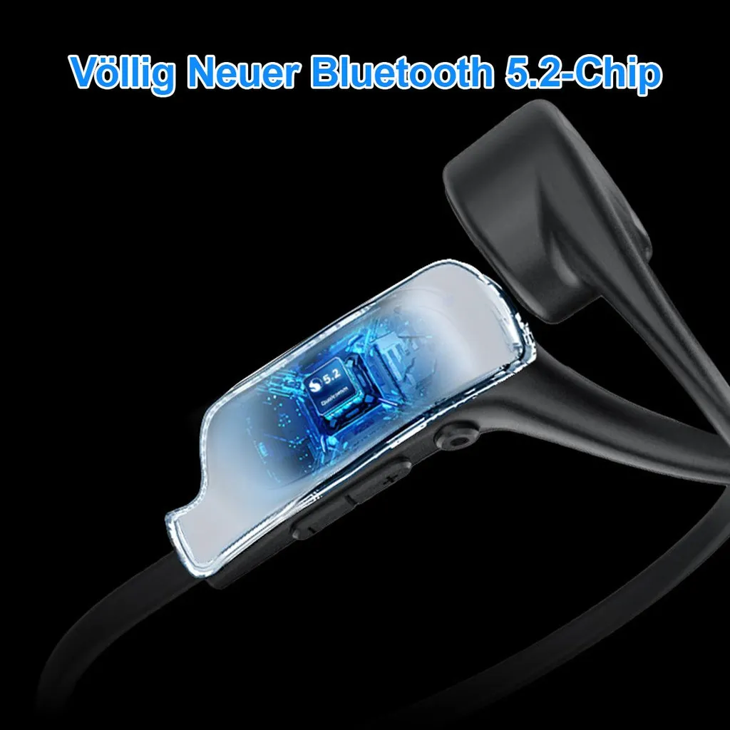 Ein schwarzes Headset mit sichtbarem Bluetooth 5.2 Chip im transparenten Gehäuse.