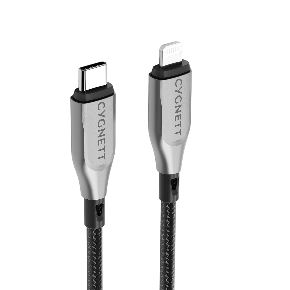 Due cavi di ricarica con connettori USB-C e Lightning, argento con cavo nero.