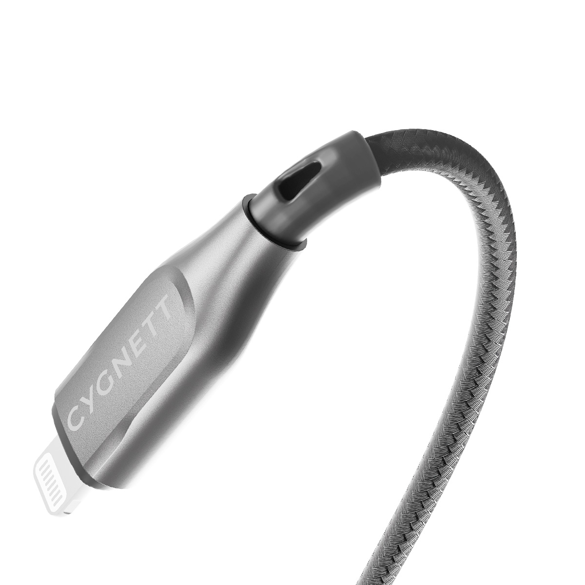 Connettore cavo di ricarica grigio con logo "CYGNETT" e cavo intrecciato.