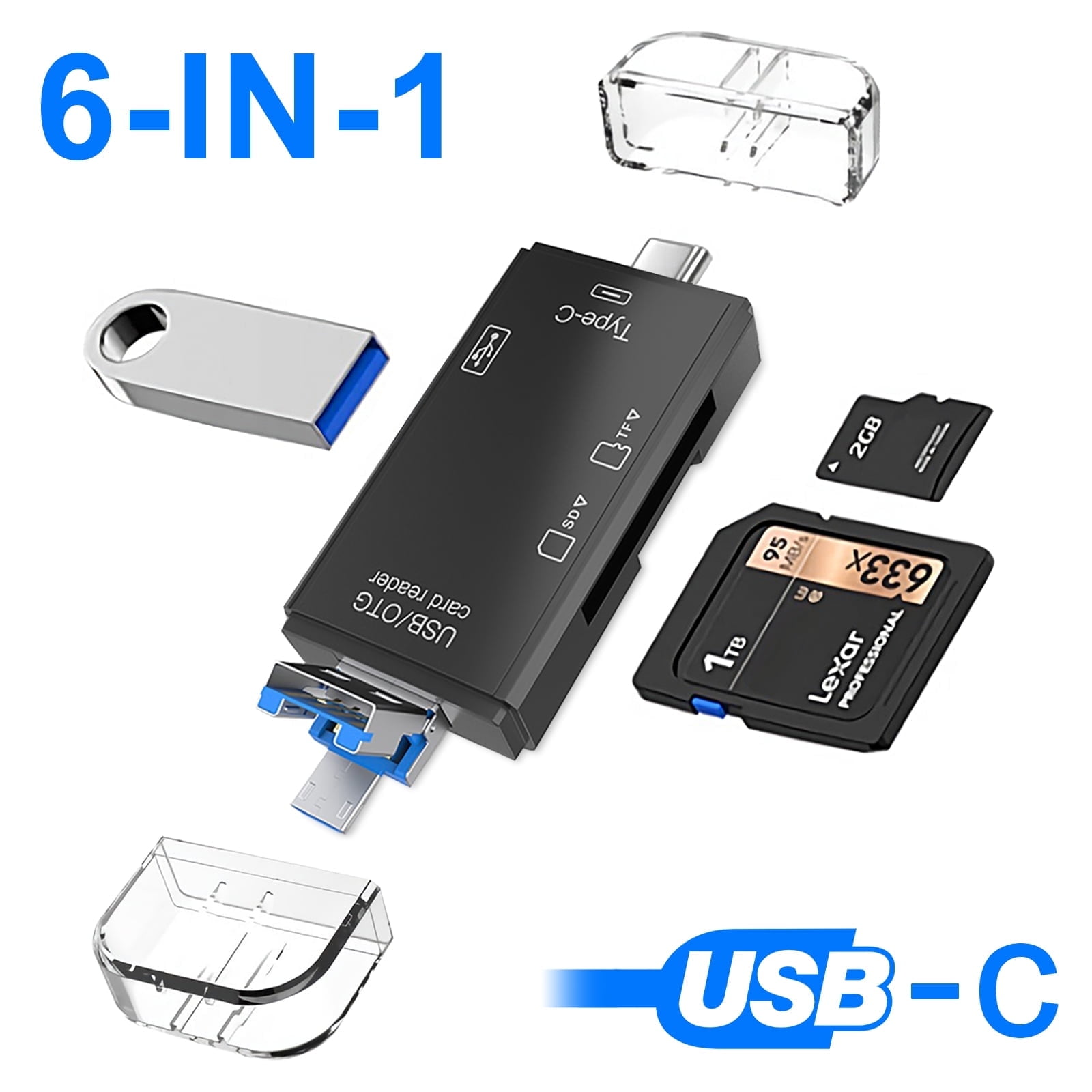 6-in-1 USB-C Kartenleser mit USB-Stick, SD- und TF-Karten, 1TB und 2GB Speicherkarten.