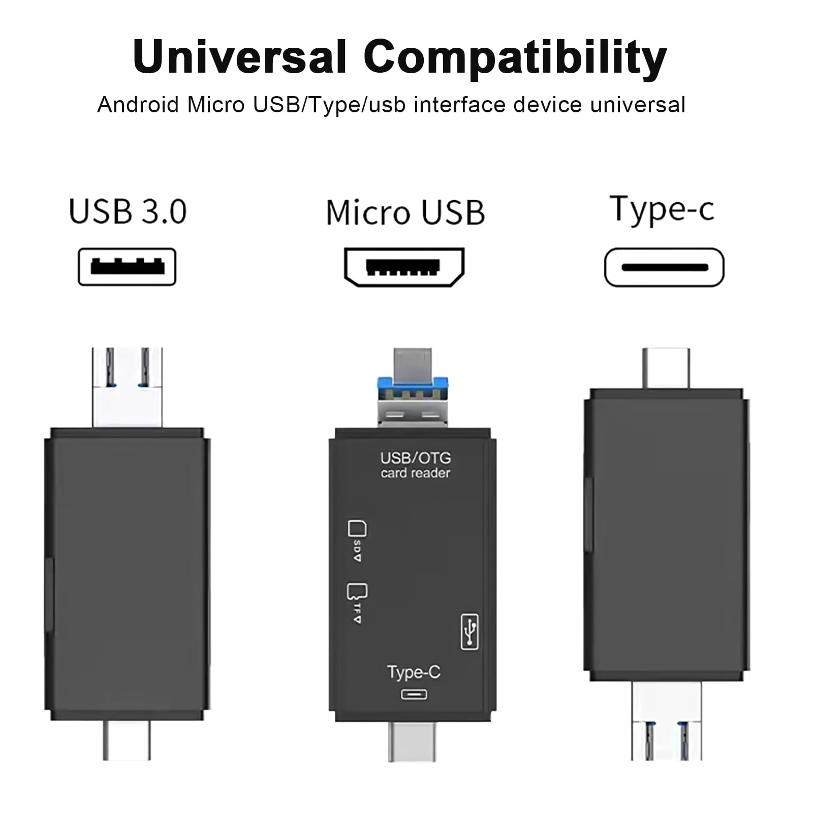 Drei schwarze Adapter nebeneinander: USB 3.0, Micro USB und Typ-C.