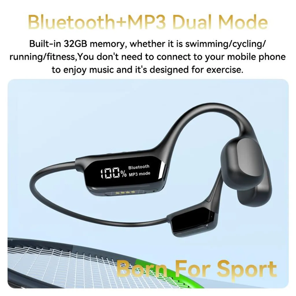 Schwarze Bluetooth-Kopfhörer mit Display, die 100% im MP3-Modus anzeigen.