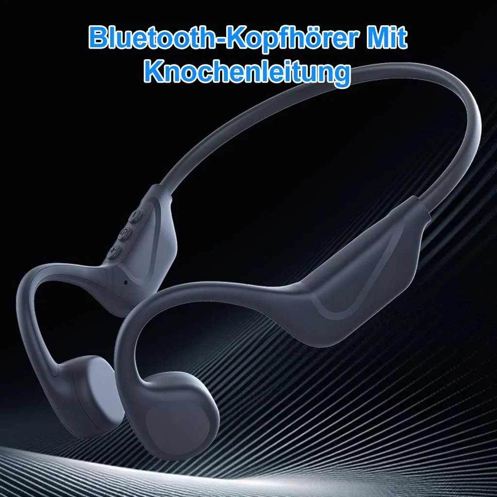 Graue Bluetooth-Kopfhörer mit Knochenleitung und Knöpfen auf schwarzem Hintergrund.