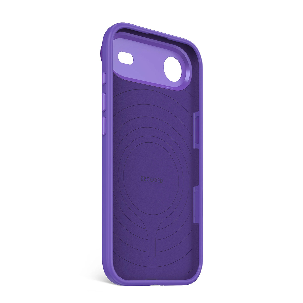 Coque de téléphone violette avec motif circulaire et boutons.