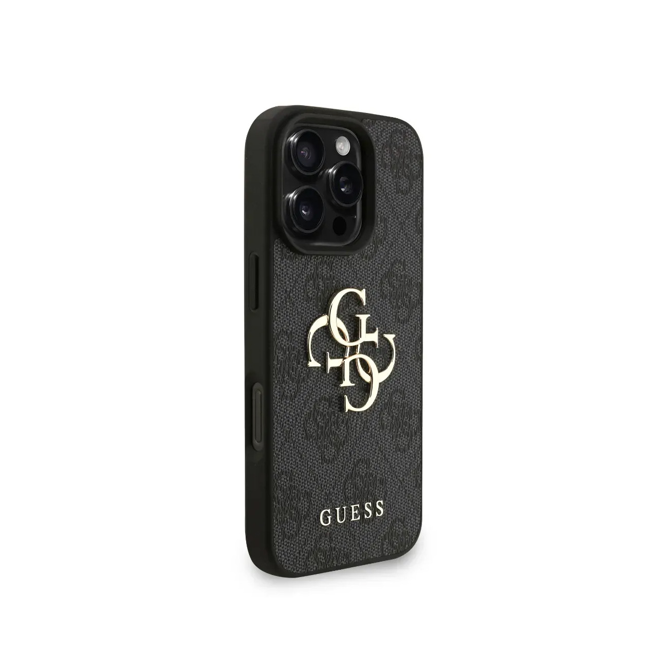 Funda negra para teléfono con logo y estampado GUESS.