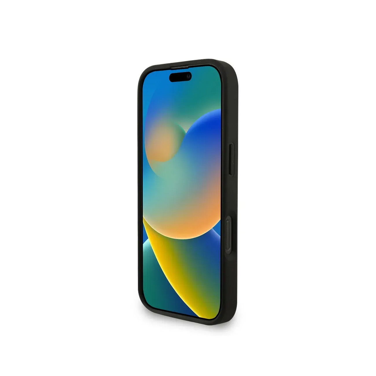 Un iPhone negro con un fondo de pantalla colorido en la pantalla.