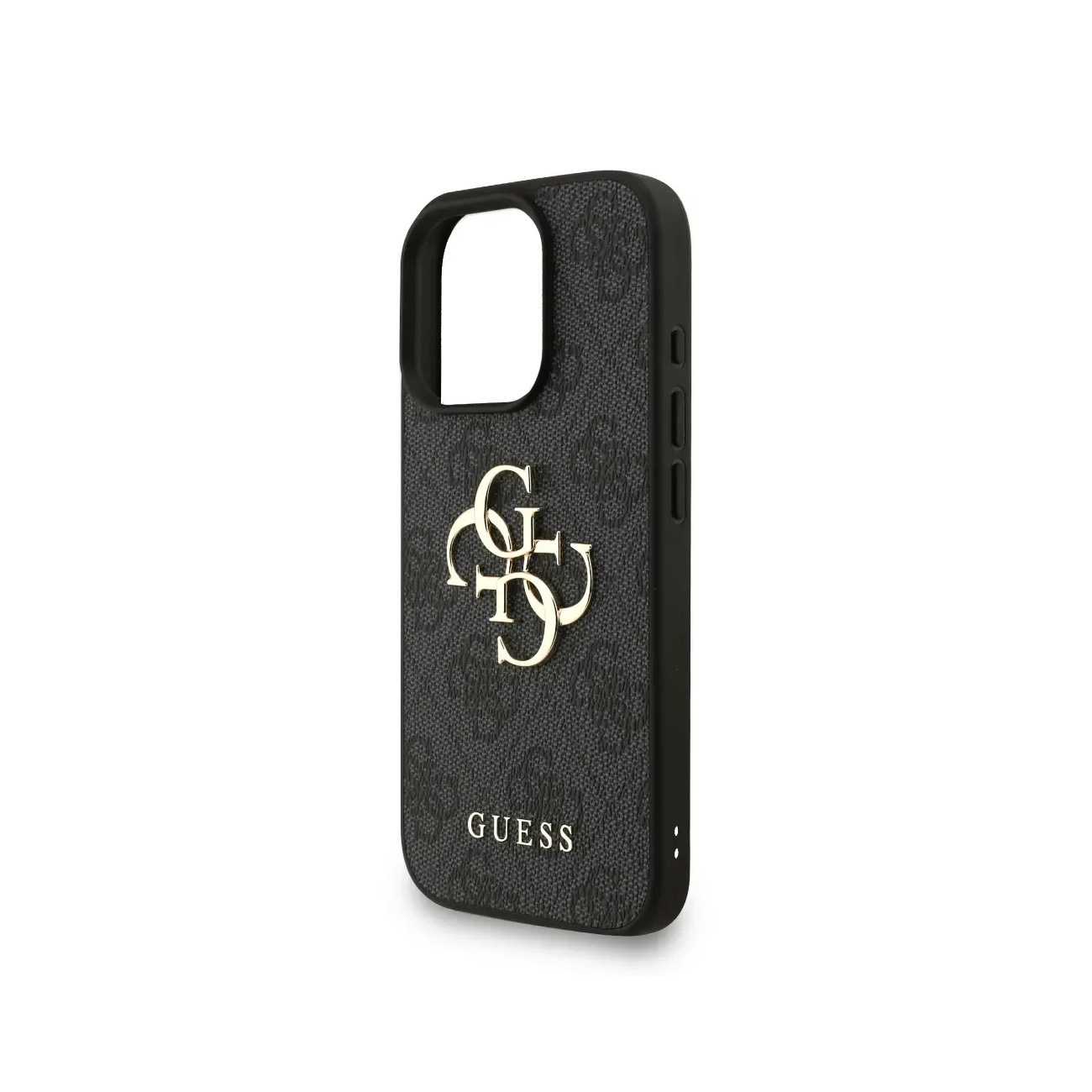 Una funda de teléfono negra con el logo de Guess y un patrón monograma.