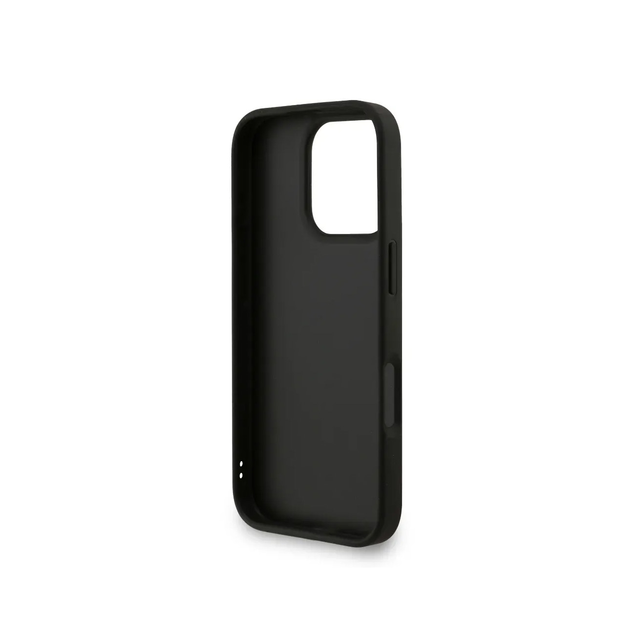 Funda de teléfono negra de plástico, aislada sobre fondo blanco.
