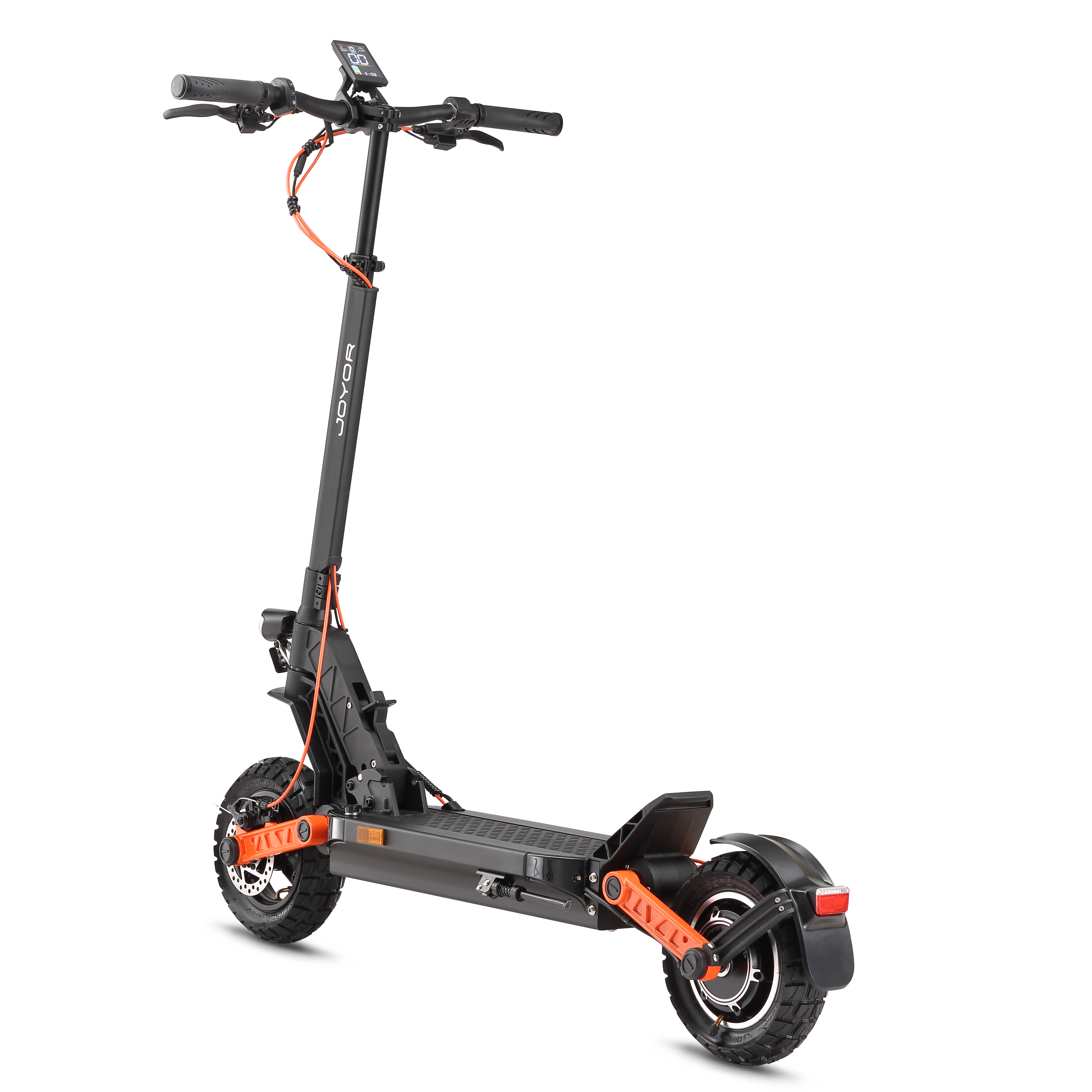Schwarzer Elektroroller mit orangefarbenen Akzenten, Vorderrad und Lenker sichtbar.